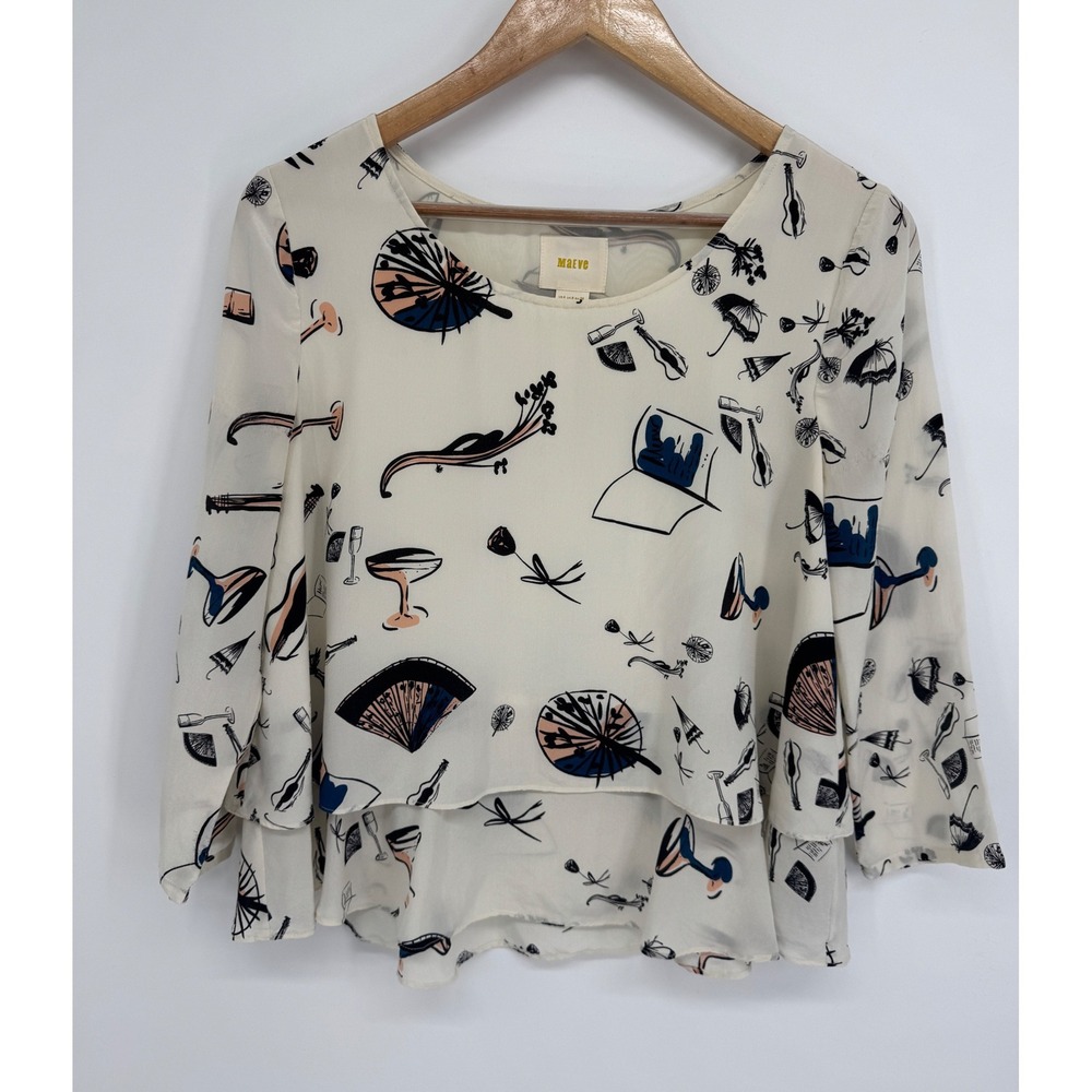 Maeve Silk Blouse Womens 4 On The Town Novelty Print Tiered Whimsical Artsy